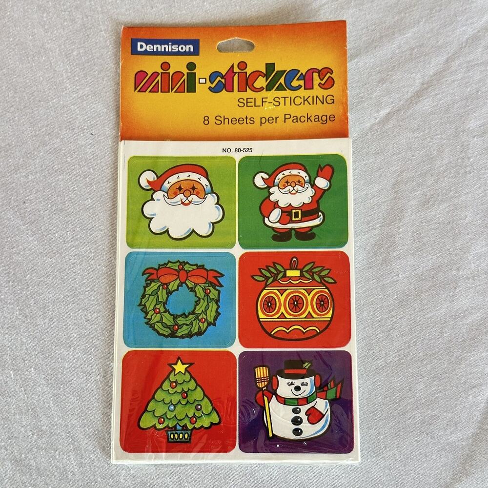Vintage 80s Dennison Christmas Stickers Holiday Santa Tree Wreath Snowman NOS